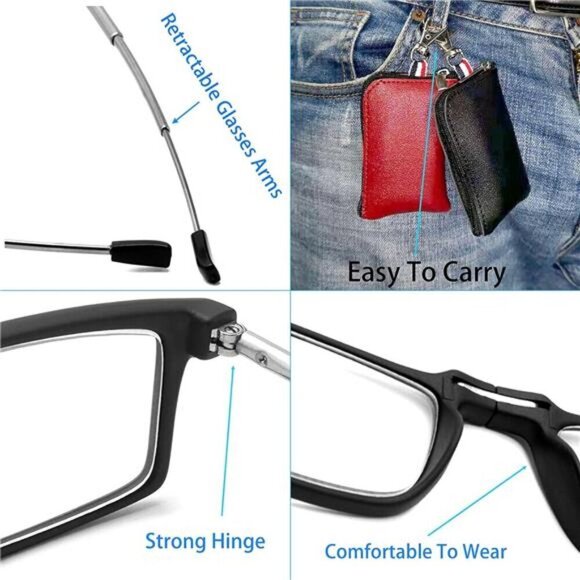 2-Pack Compact Folding Reading Glasses with Pouch Red & Black Travel Set X2.0Mag - Picture 3 of 5